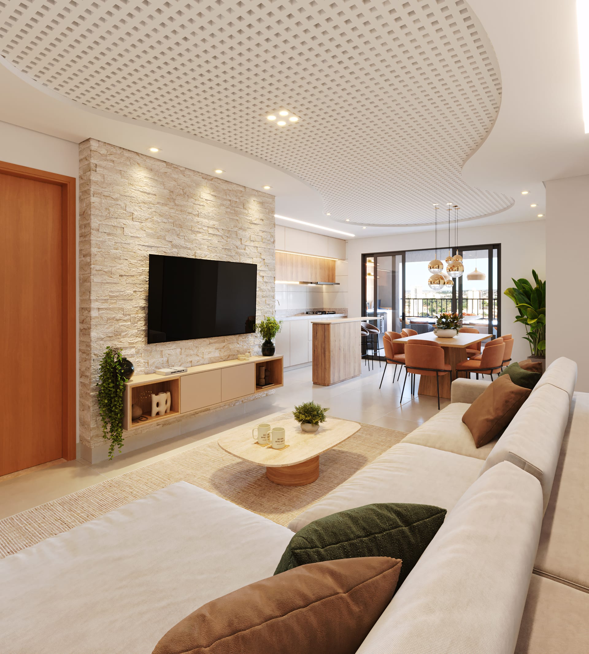 Sala da unidade de 3 suítes com 109 m² integrada à varanda