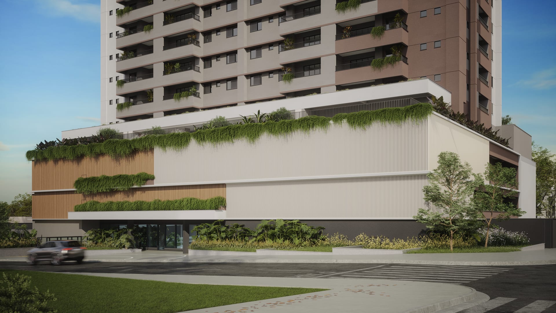Acesso social do Una Areião com paisagismo e porte cochere