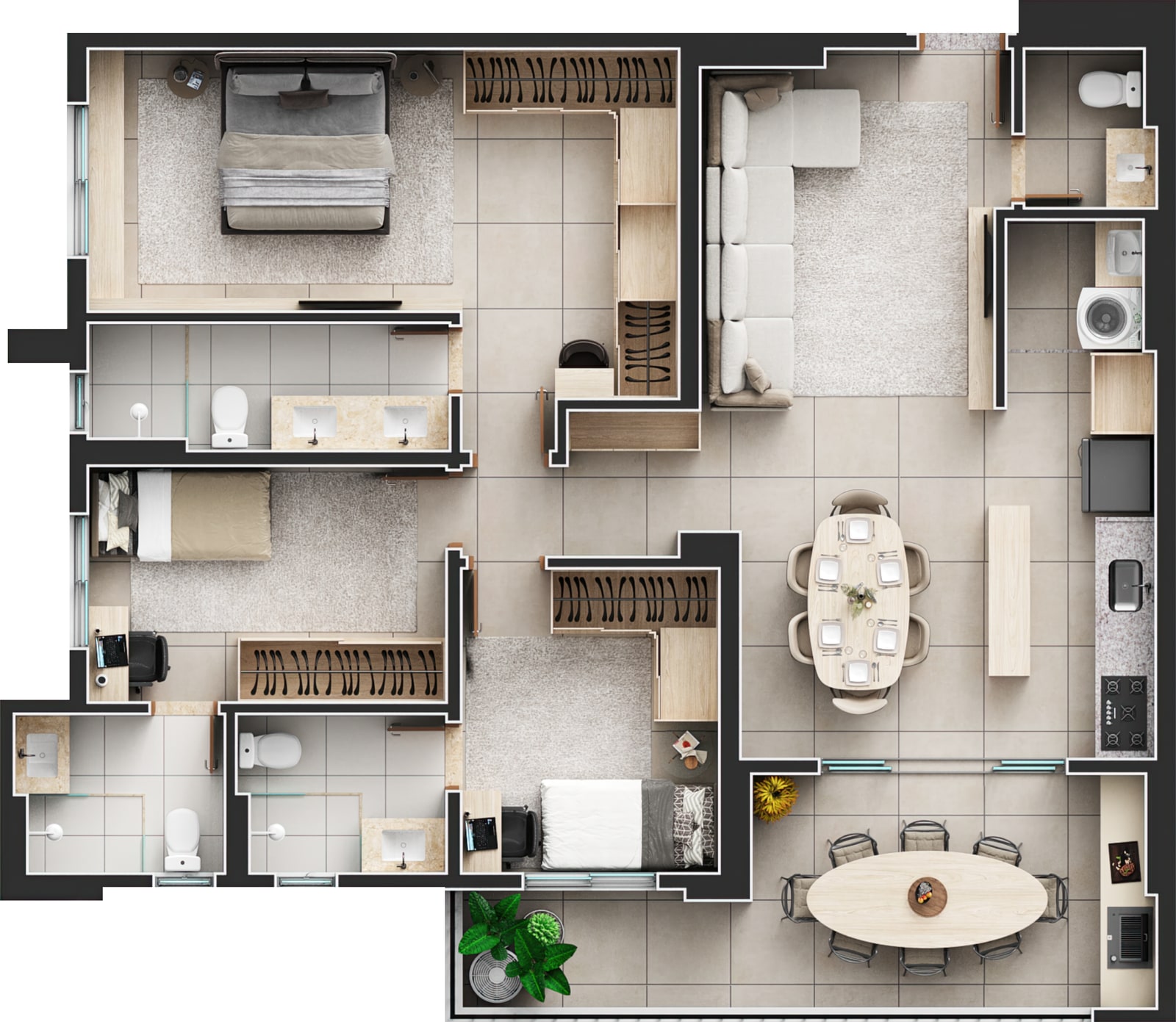 Planta da unidade final 1, 3 suítes plenas com 109 m²