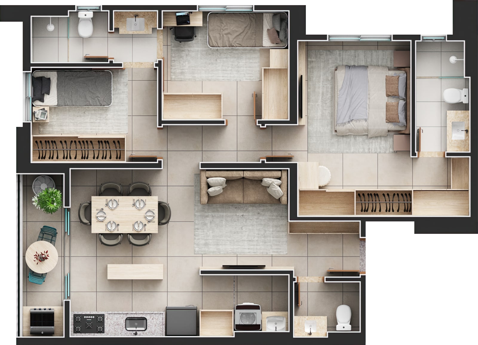 Planta da unidade final 2, 3 suítes com 82 m²