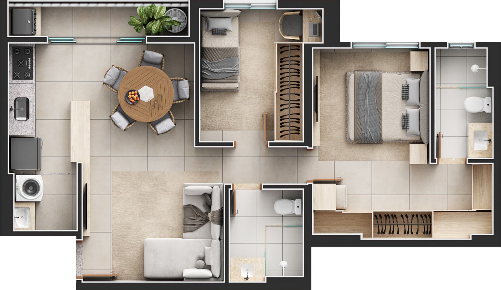 Planta da unidade final 3, 2 quartos com suíte, 66 m²