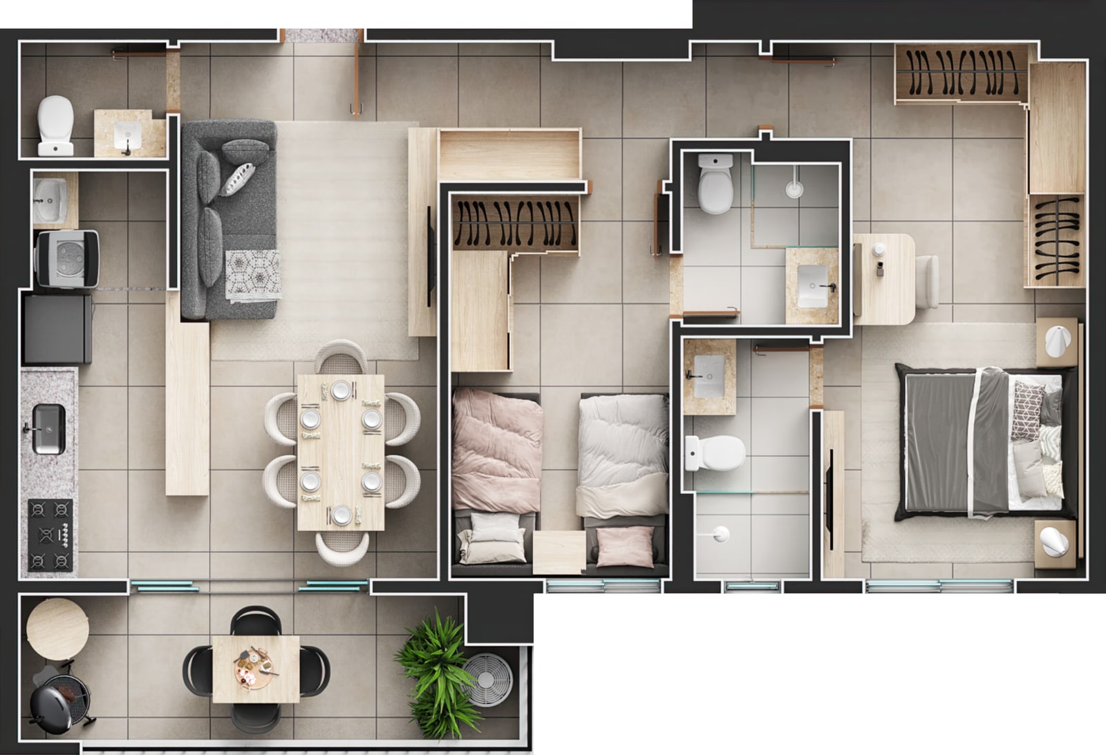 Planta da unidade final 4, 2 suítes com 76 m²