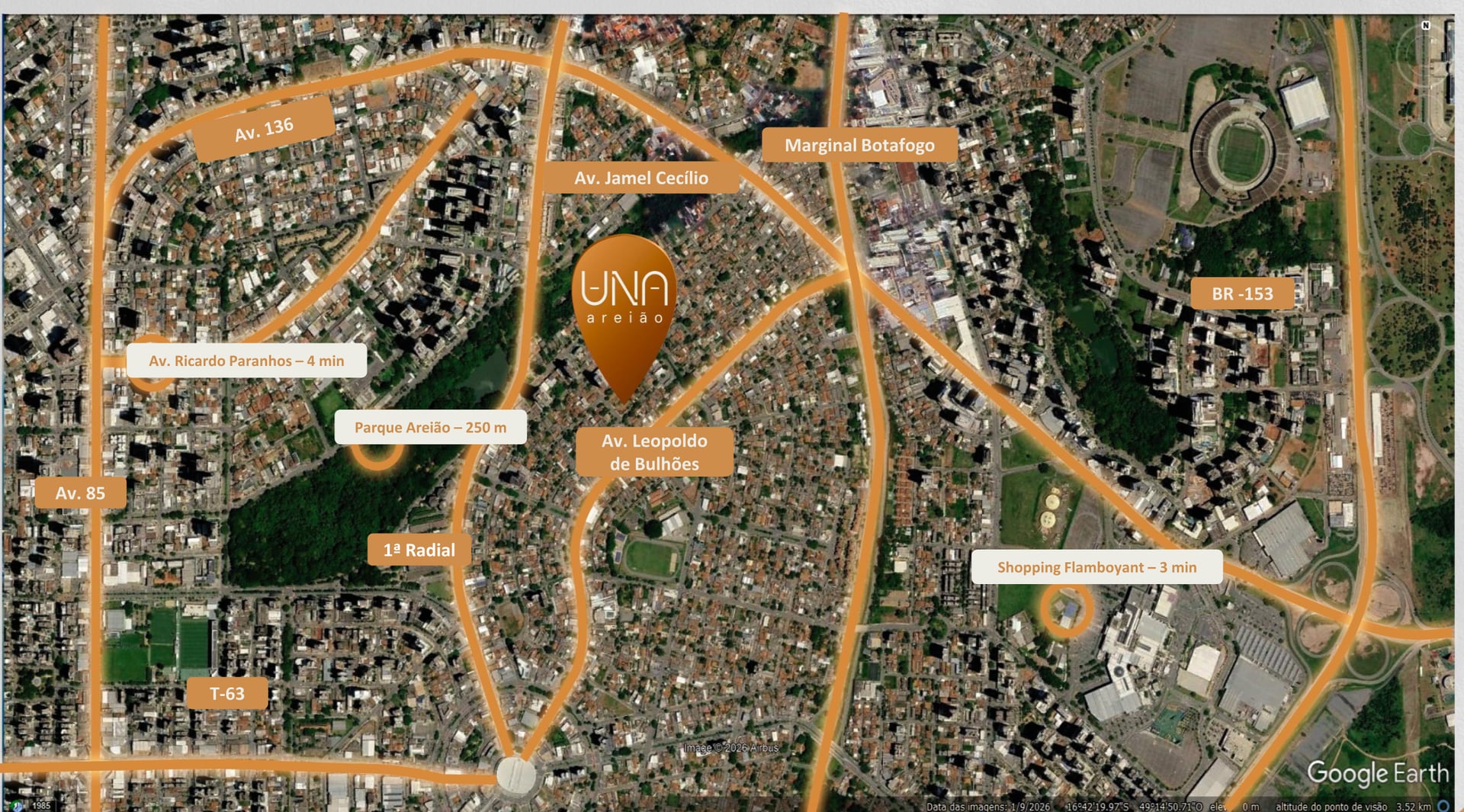 Mapa oficial de mobilidade do Una Areião com avenidas e distâncias
