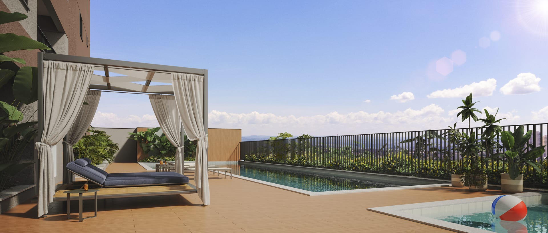 Piscina do Una Areião com cabana e deck ao entardecer