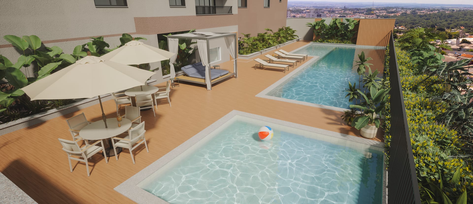 Deck e piscinas do Una Areião no fim de tarde
